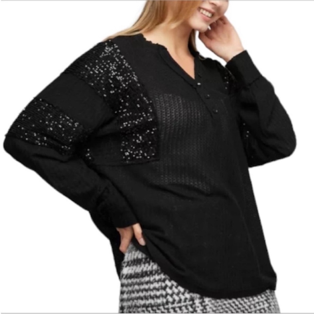 DAVI & DANI sequins waffle top L black